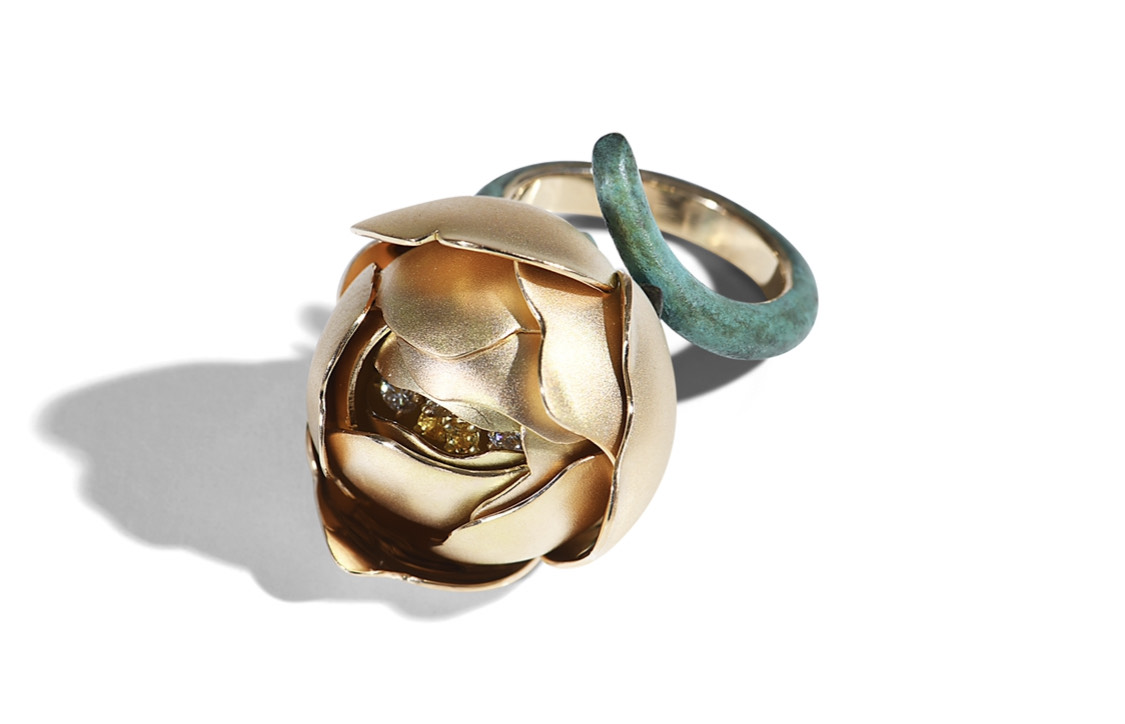 Globe Ring: Yellow Gold, Patinated Bronze, Yellow Sapphires and Diamonds:. Image Courtesy of E. Tarpin