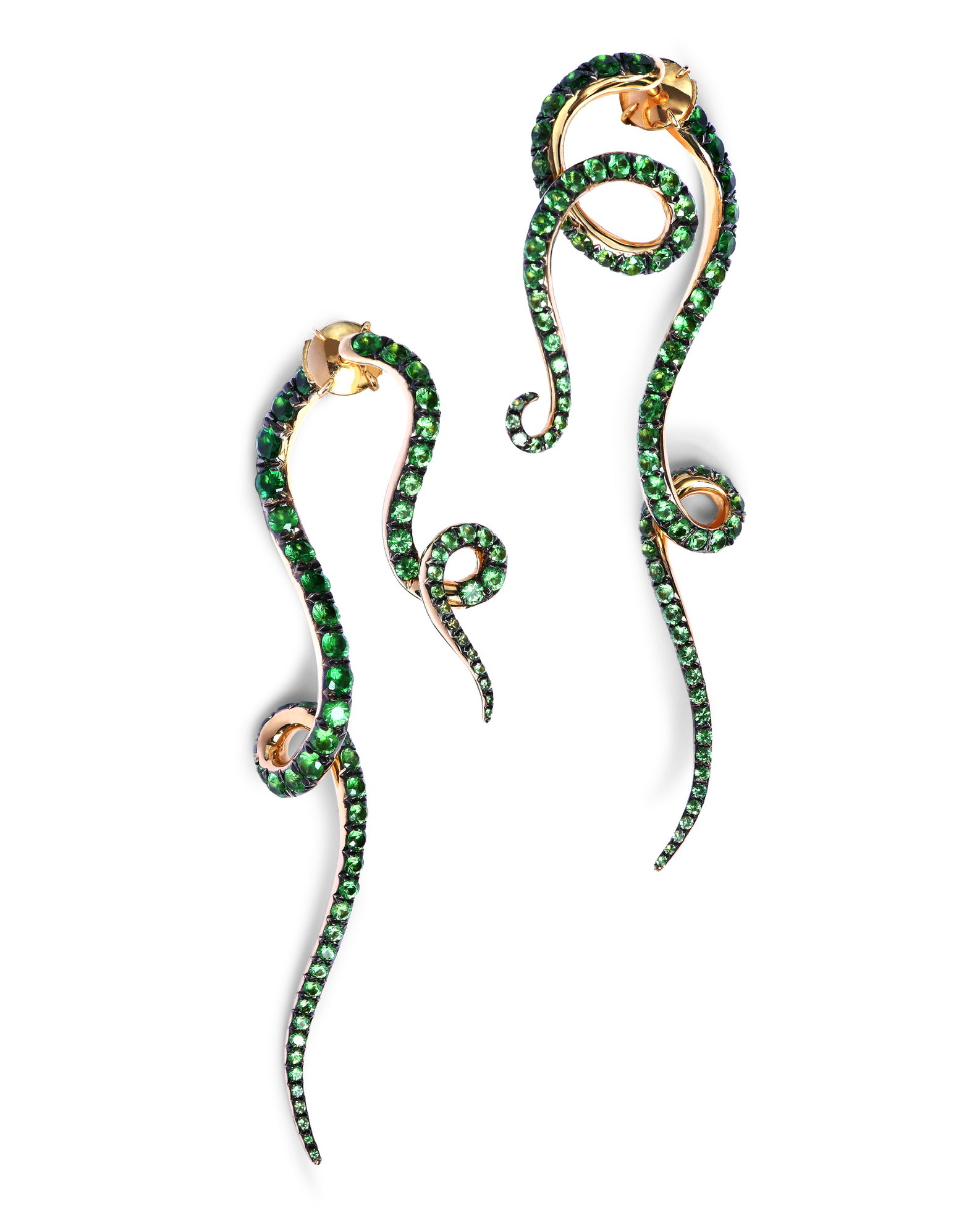 Beanstalk Earrings: Yellow Gold, Tsavorites and Garnets. Image Courtesy of Emmanuel Tarpin