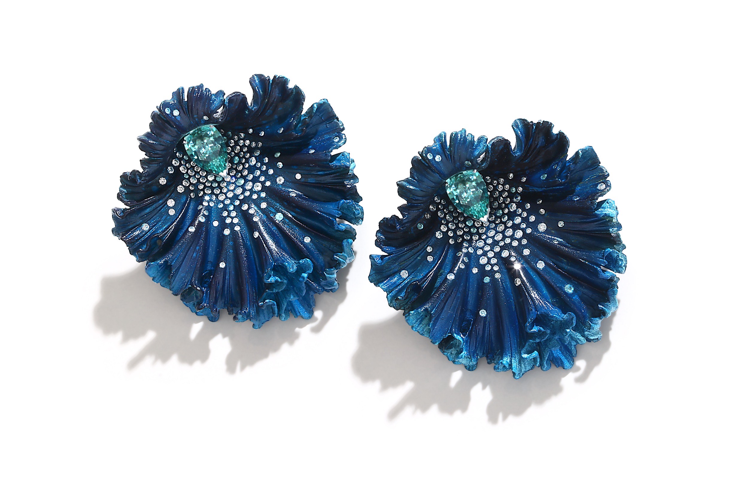 Blue Orchid Earrings. Aluminium, Diamonds and Aquamarine. Image Courtesy of Emmanuel Tarpin