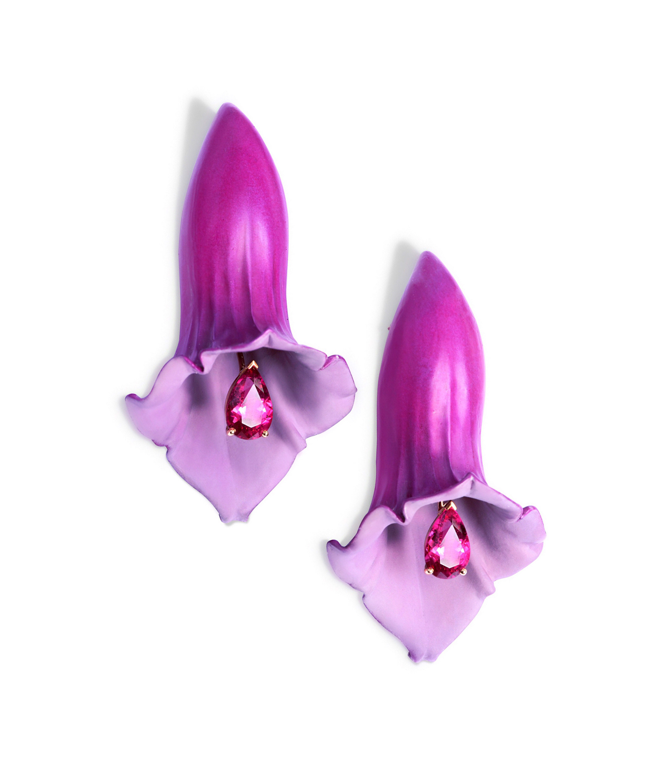 Foxglove Earrings. Aluminium and Rubelites. Image Courtesy of Emmanuel Tarpin