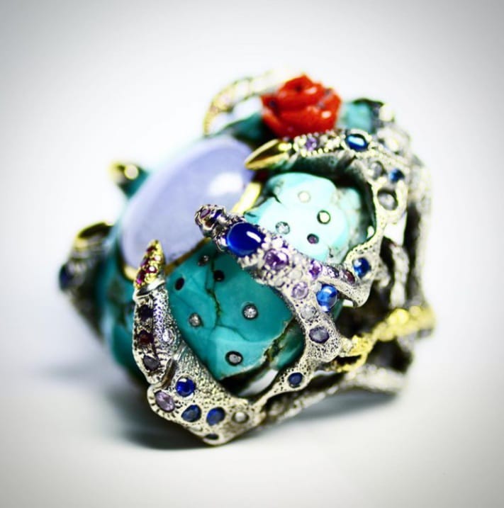 Decay Ring Turquoise, Lavender Jadeite, Turquoise, Diamonds, Coral, Sapphire, Ruby. Image Courtesy of Castro NYC