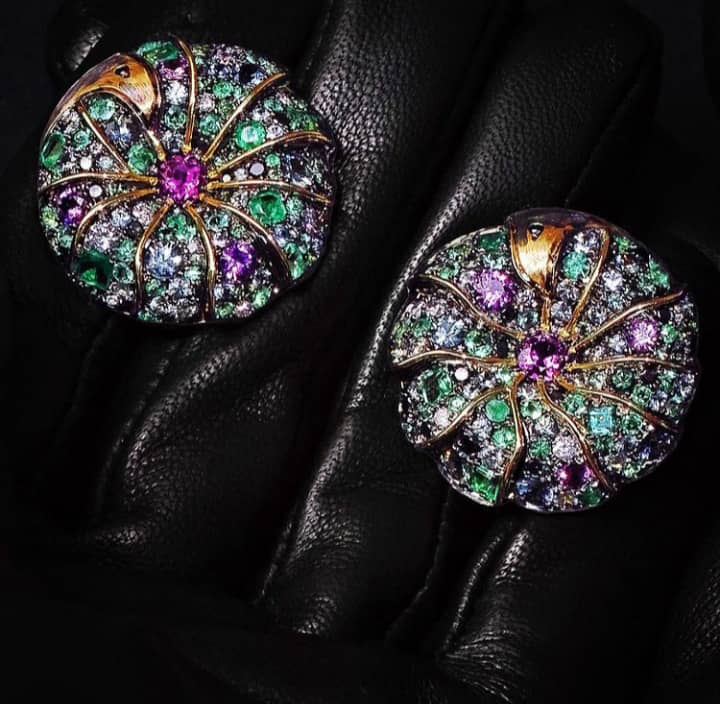 Exoskeleton earrings: Royal Purple Garnets, Green Sapphires, Emeralds, Black and Grey Diamonds Image Courtesy of Castro NYC