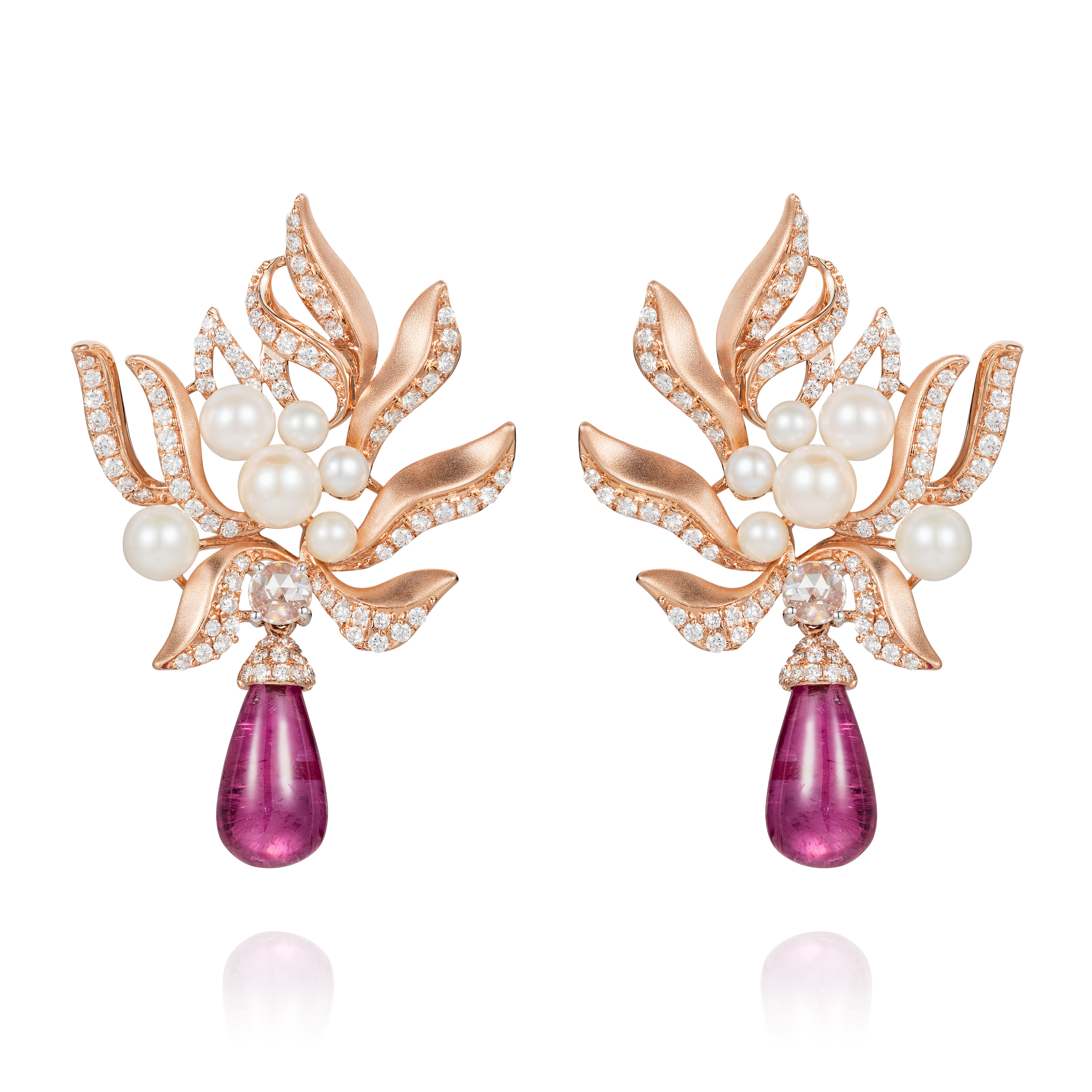 Rubelite Bouquet Earrings: 18ct Yellow Gold, Diamonds, Rubelites. Image Courtesy of Matturi Jewellery