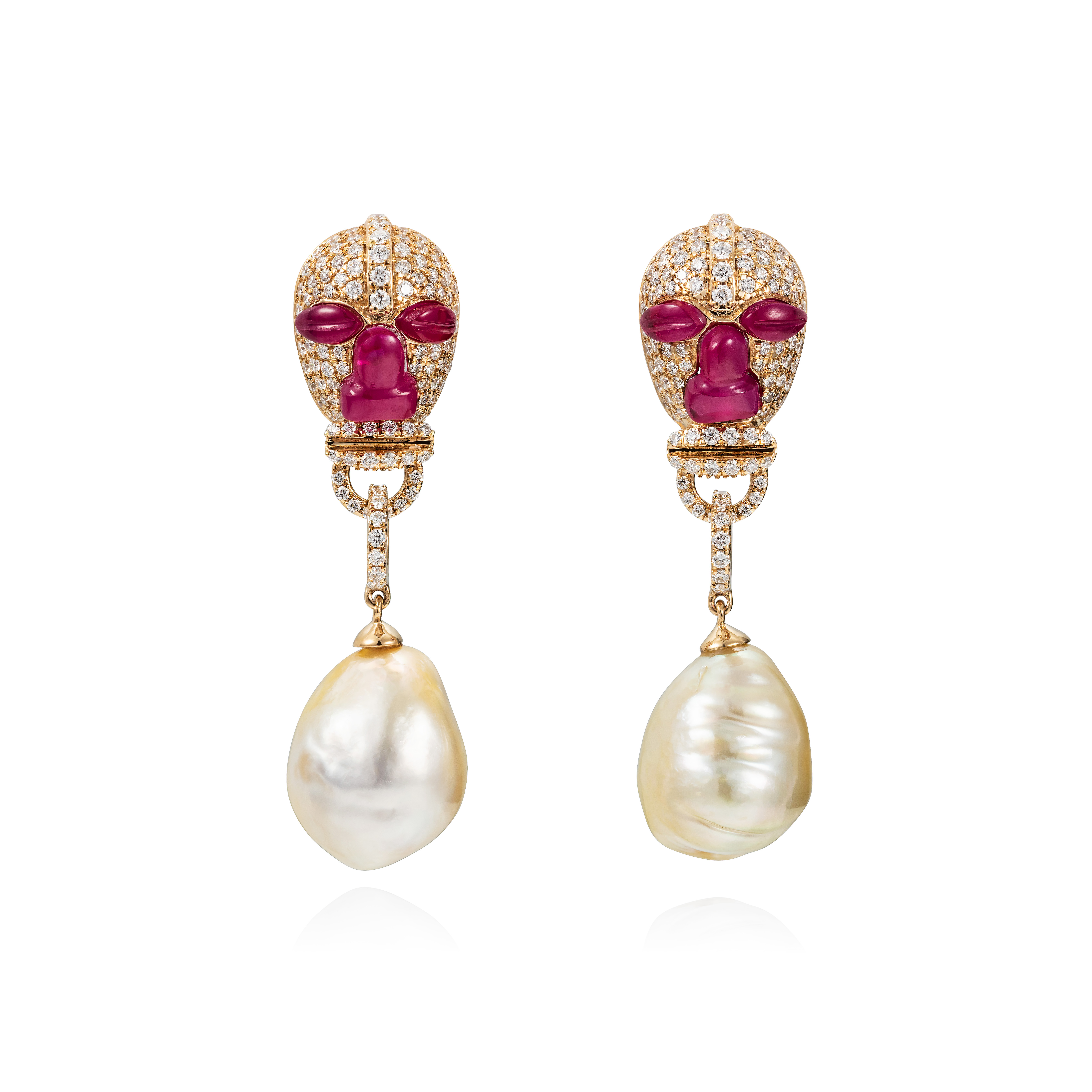 Nomoli Totem Mask Earrings: Rubelite, Diamonds, Gold, Baroque Pearls