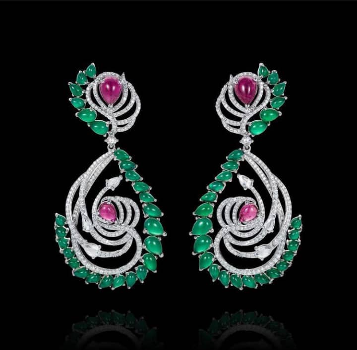 Birds of Paradise Earring: Green Onyx, Rubelite, Cabouchon and Rose Cut Diamonds. Image: Courtesy of Matturi Jewellery