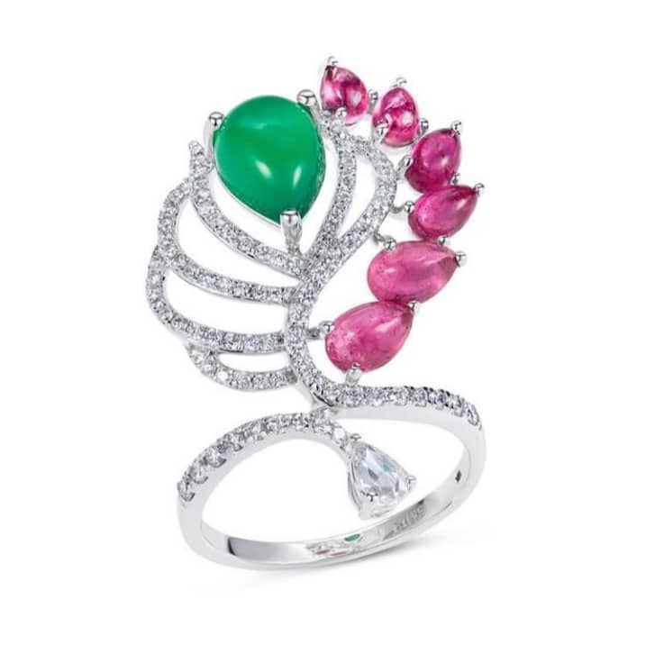 Bird of Paradise Ring: Green Onyx, Rubelites, Diamonds, 18ct white gold. Image Courtesy of Matturi Jewellery