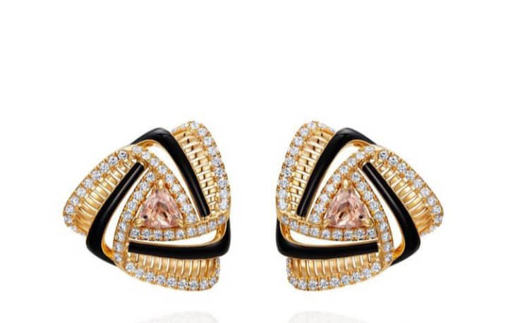 Bayuda Earrings, 18ct gold, diamonds, morganite, and enamel. Image: Courtesy of Matturi Jewellery