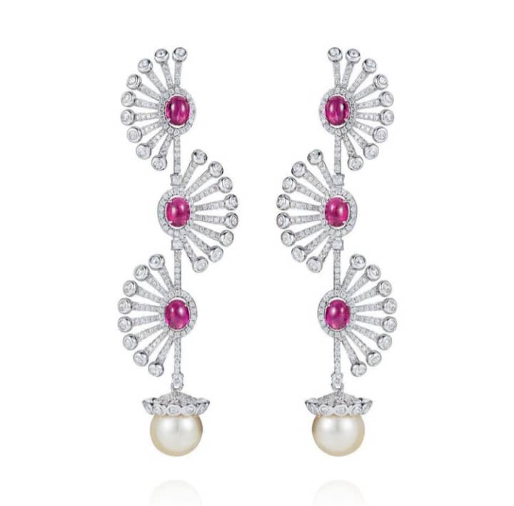 Electric Seahorse Chandelier earrings. Diamonds, Rubelite Beads, South Sea Pearls 18kt White Gold. Image Courtesy of Matturi Jewellery
