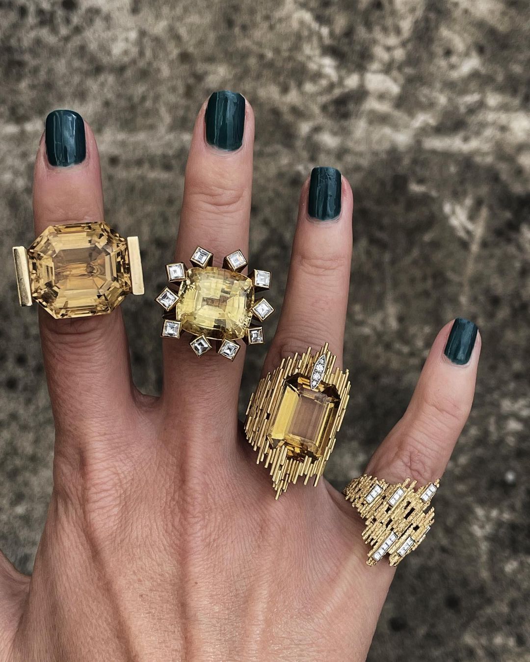 Citrine Ring, Yellow Sapphire Ring, Citrine and Diamond Ring, Yellow Gold and Carre Diamond Ring, All by Andrew Grima. Image: Courtesy of F Grima