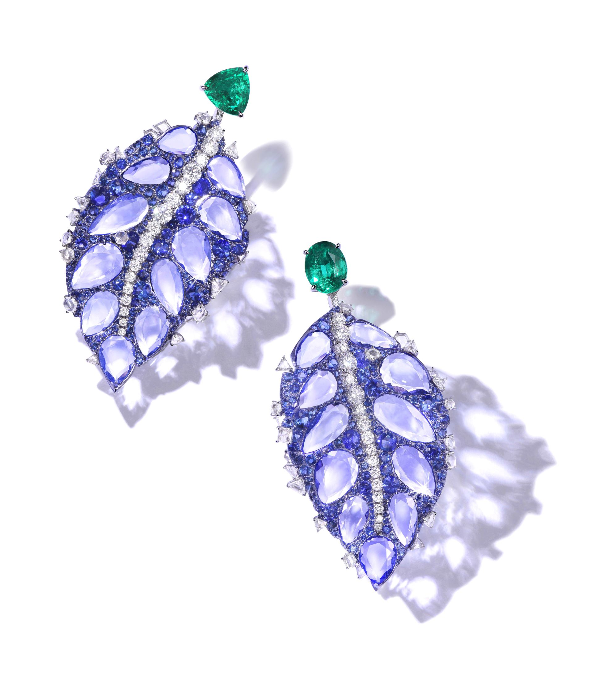 Blue Velvet Leaf Earrings  2.33ct Triangular Emerald and 2.09 ct emerald, double rose cut sapphires, tanzanites and irregular shaped diamonds. Image Courtesy of Feng J
