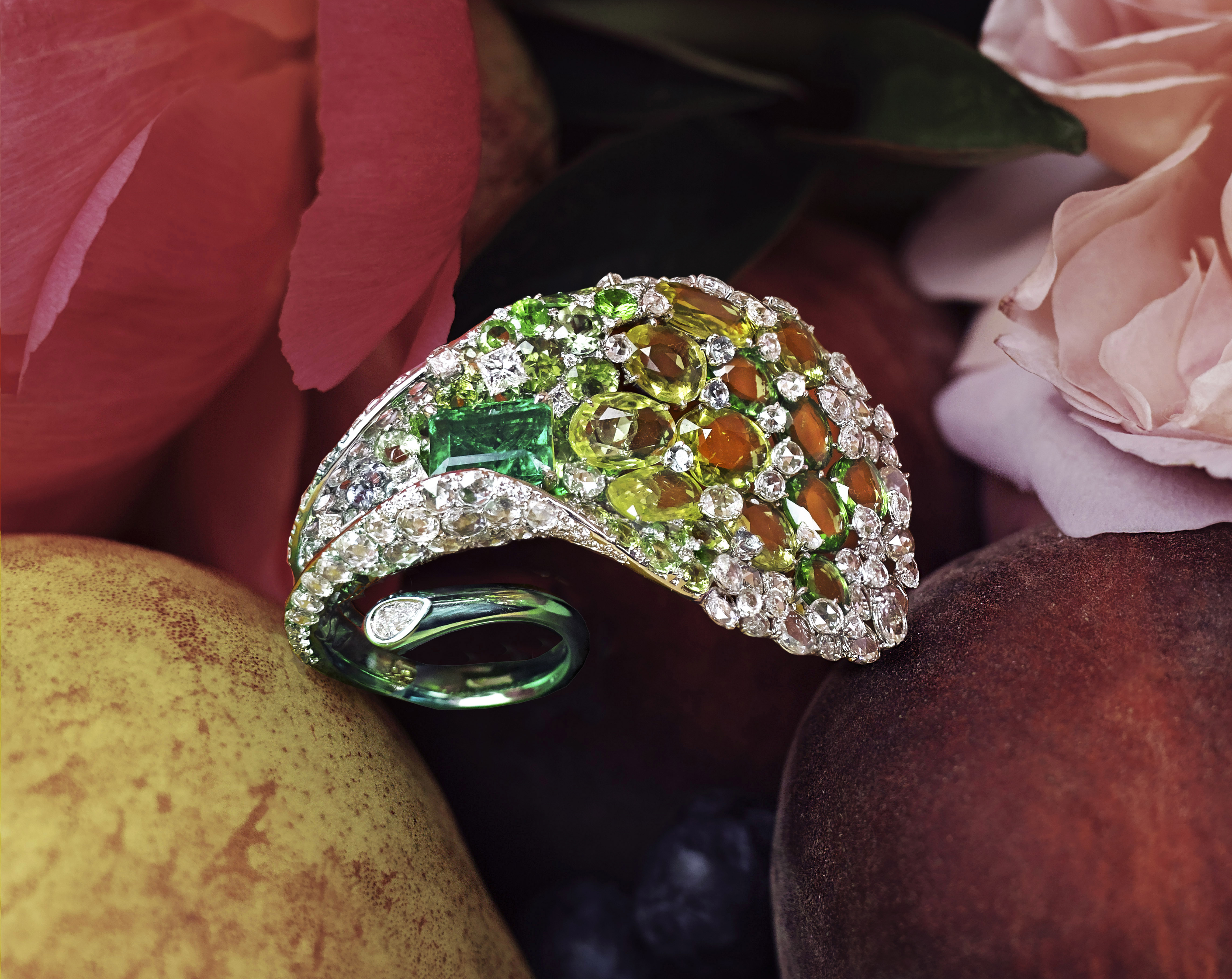 Calla Lily Ring, Emerald, Yellow Sapphires, Tsavorites, Diamonds. Part of Woman To Woman Exhibition. Image Courtesy of Feng J