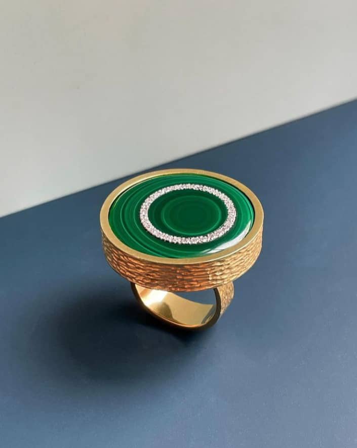 Disco Ring by Francesca Grima, Yellow Gold, Diamonds, Malachite. Image Courtesy of F. Grima