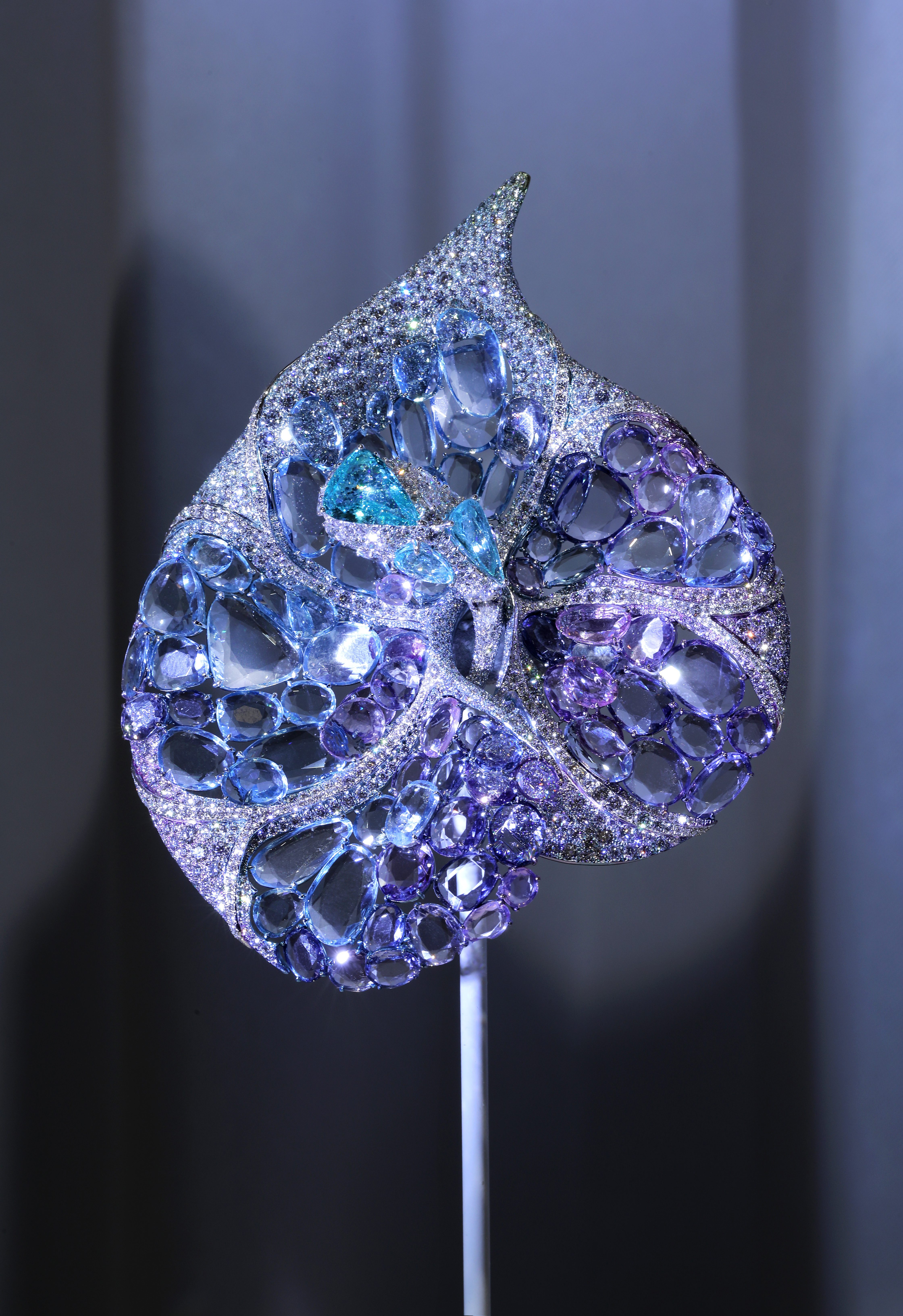 Blue Anthurium Brooch, Aquamarines, Tanzanites, Purple Sapphires, Diamonds. Image Courtesy of Feng J